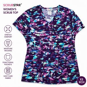Scrubstar Purple Abstract V Neck Scrub Top XS NWT Modern Stretch Career Nurse